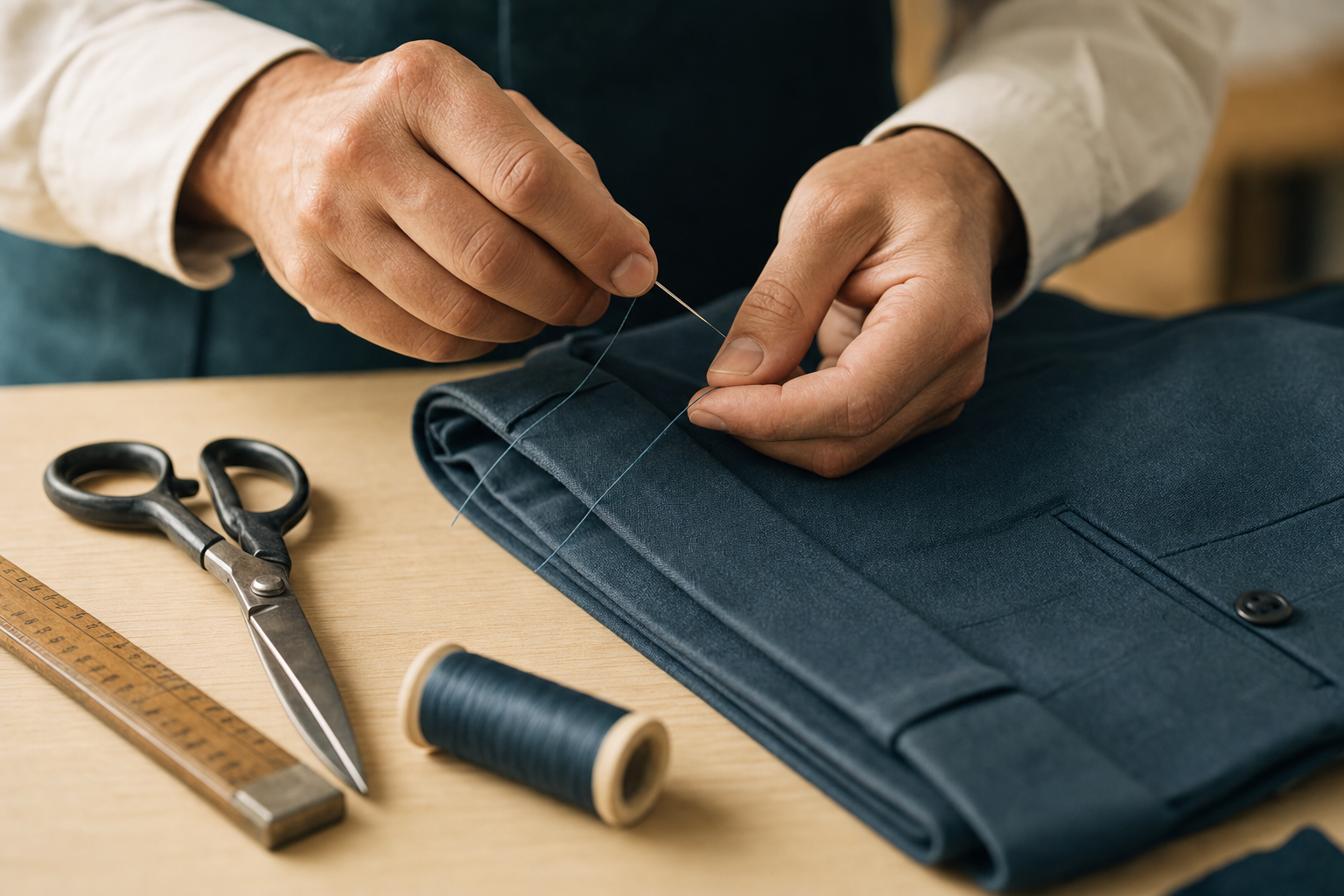 Close-up of a tailor's hands threading a needle while altering a pair of dress trousers